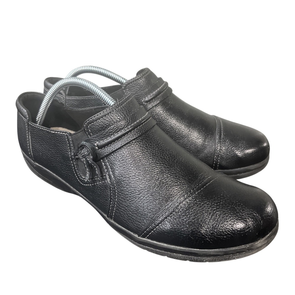 Clarks‎ Loafers Women 11W Black Leather Cap Toe Buckle Slip On Comfort Flat Work